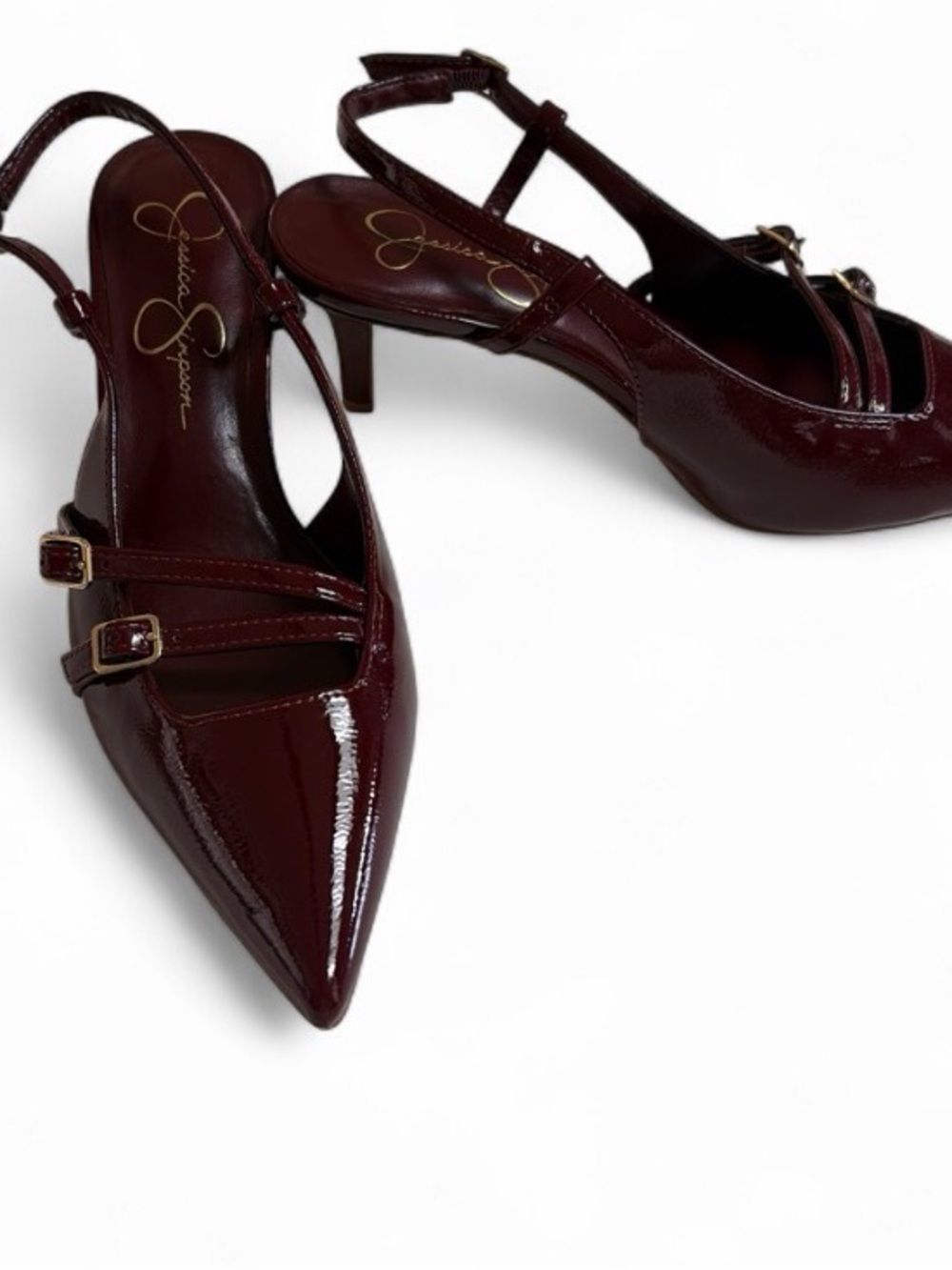 New Jessica Simpson Wine Burgundy Patent Pointed-Toe Slingback Kitten Heels - Picture 2 of 4